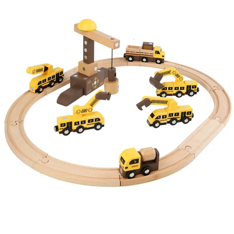 लकड़ी ट्रेन सेट 40 Pcs लकड़ी ट्रैक और अनन्य क्रेन और गाड़ियों, जादू इंजीनियरिंग वाहनों, रोबोट के लिए इमारत ब्लॉकों खिलौना 3 + बच्चों