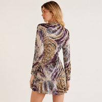 Robe mini pour femme en soie 100% de qualité supérieure, coupe trapèze ajustée, col en V, manches longues, motif à pois et rayures, taille naturelle, en tissu tissé respirant