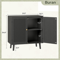 Armoire de rangement moderne en rotin noir avec portes doubles et panneaux décoratifs, pieds en bois, pour entrée, salon, salle à manger