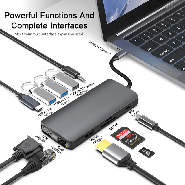 USB-C Hub 11-in-1 4K for 2.0 Adapter 11-Port Expansion Dock with RJ45 Ethernet PD 100W USB3.0 Aluminum Alloy SD/TF Card Reader