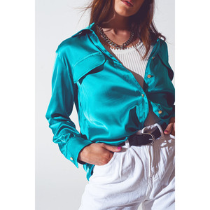 <b>Satin</b> <b>Blouse</b> in Turquoise - Product Image 5