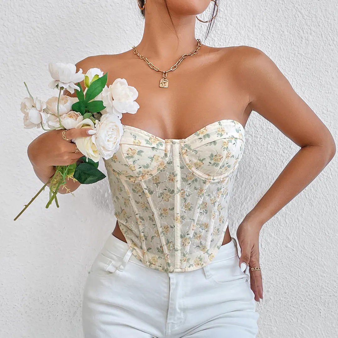 Low MOQ Sexy Print Aesthetic Lace Up Manufacturer Commute Bustier corset top