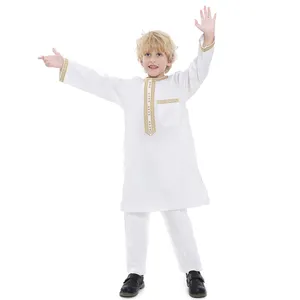 Continued Hot Sale Children Muslim Clothes Gold Embroidery Thobe Thawb Shirt Suit Kids Boys Islamic Arab Jubah Kids Abaya Set