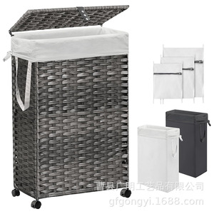 <b>Collapsible</b> Rattan Laundry Basket With Wheels Rectangle Brown Gray Coffee Color Non-Woven Fabric Liner Standing Type Clothing - Product Image 5