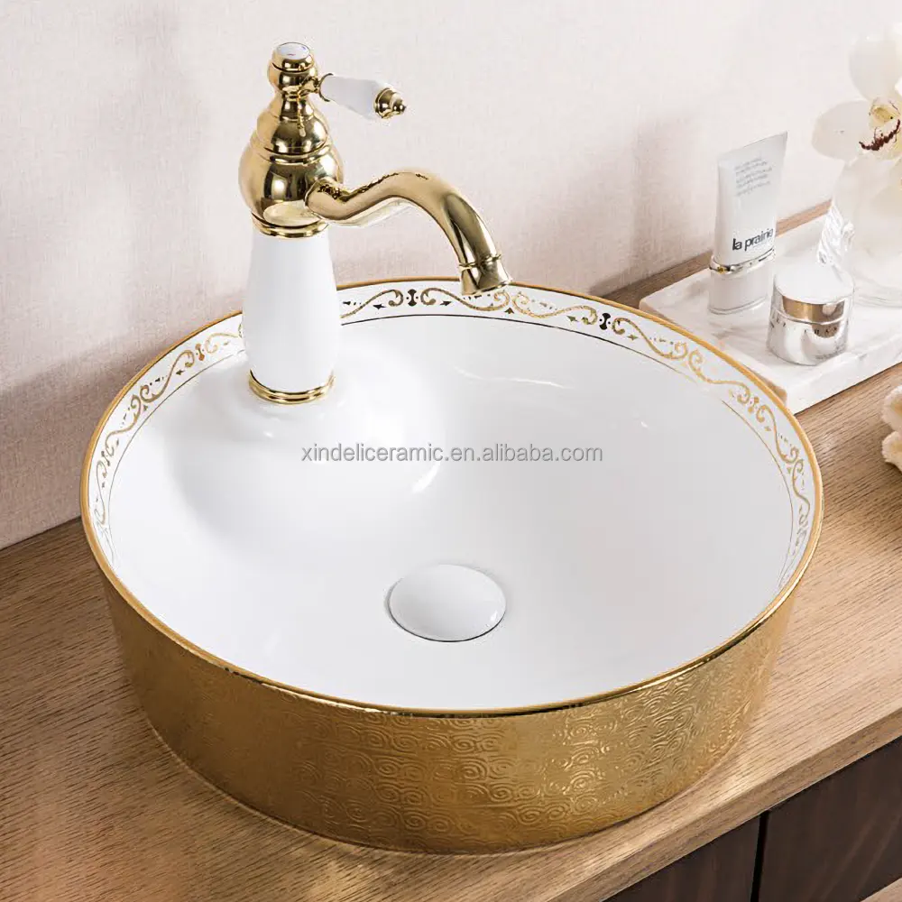 العلامة التجارية الجديدة الحديثة الغرور جولة الذهب مكافحة أعلى زينت يتوهم أحواض حمام ثقب واحد غسل الفن حوض