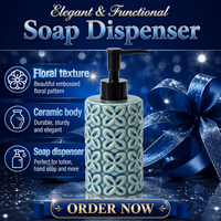 Dispenser Sabun Keramik Motif Bunga Empat Daun Timbul Biru Hijau, Pompa Lotion Dekoratif, Dekorasi Kamar Mandi