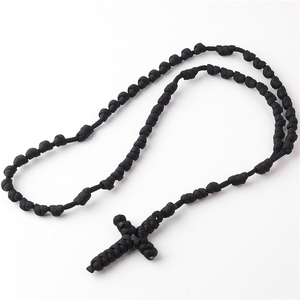 Rosario Cattolico Artigianale <span class=keywords><strong>in</strong></span> <span class=keywords><strong>Corda</strong></span> Nera Intrecciata con Nodo a Croce per Uomo - Product Image 3