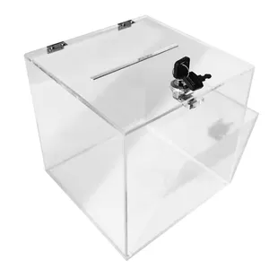 maßgeschneiderte transparente quadratische acryl-spendbox mit schloss und schlüssel metall-scharnierdeckel luzit-suggestio-box für stimmzettel