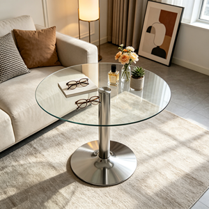 Table basse moderne ronde en verre trempé avec base en acier inoxydable, pour salon, hôtel, table centrale de canapé - Product Image 1
