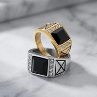 Bague signet pour homme ZG, pierre noire carrée, couleur argent et or, acier inoxydable, style vintage