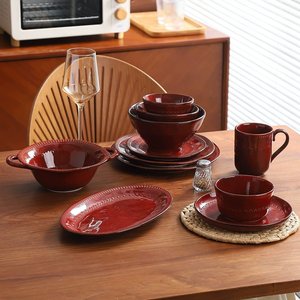 Juego de Platos y Tazones de Cerámica Vintage con Efecto de Horno, Color Rojo <span class=keywords><strong>Carmen</strong></span>, Vajilla para Restaurante y Hogar, Plato para Sopa, Plato para Pizza, Cocina - Product Image 2