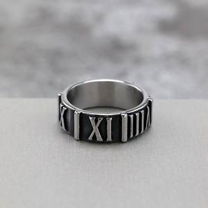 Vintage Stainless Steel Men's <b>Ring</b> Roman Numeral Relief Retro Geometric Design Gift Jewelry - Product Image 4