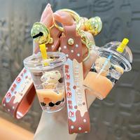 Porte-clés liquide Boba Tea mignon avec ours flottant, pendentif à effet de déplacement pour sac et clés de voiture, cadeau breloque thé au lait Kawaii