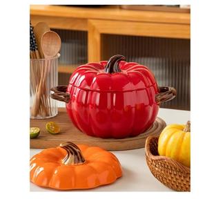 Tazón de cerámica para sopa con forma de calabaza, con tapa y asas, tamaño grande, tazón creativo para el hogar, para sopa, fideos, resistente al calor - Product Image 1