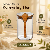 Premium ronde glazen voorraadpot met houten deksel en lepel voor koffie, thee, suiker, keuken, voorraadkast, luchtdicht