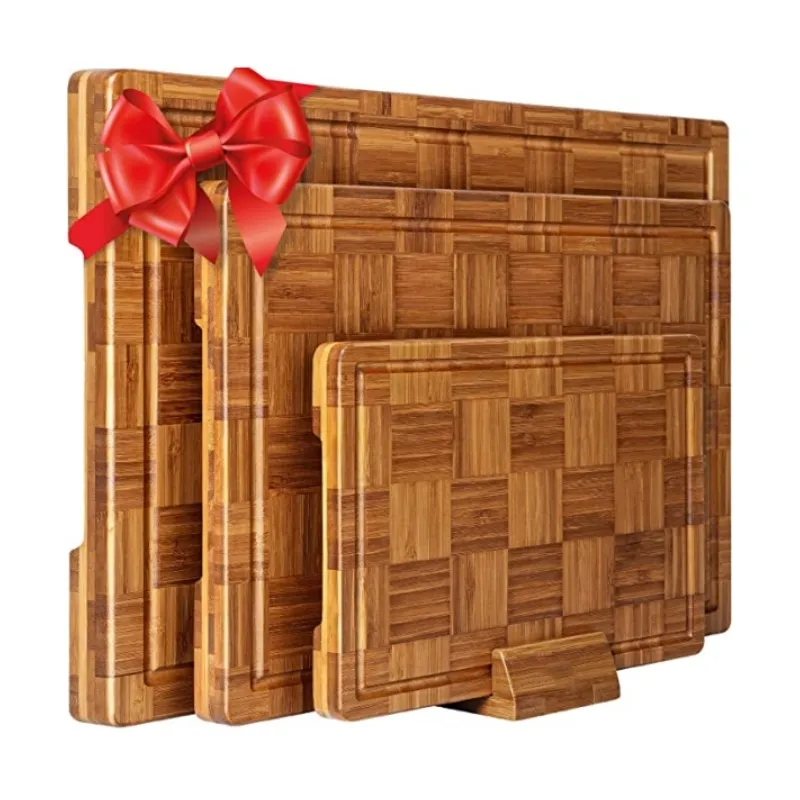 Extra Thick Bamboo Wooden Cutting Board Set with Storage Rack for Kitchen