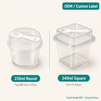 Gobelet à dessert en plastique transparent avec cuillère, 250 ml rond, 340 ml carré, couvercle en PET haute qualité, boîte pour mousse, yaourt, crème glacée, mille crêpes