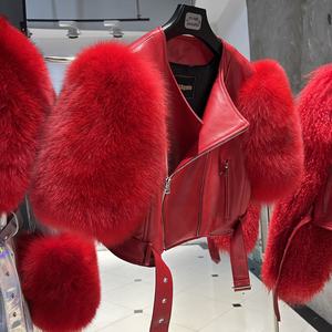 سترة جلدية ربيعية لدراجة نارية من جلد الغنم جلد أحمر للسترات سترة قصيرة من الجلد والفراء للنساء - Product Image 3