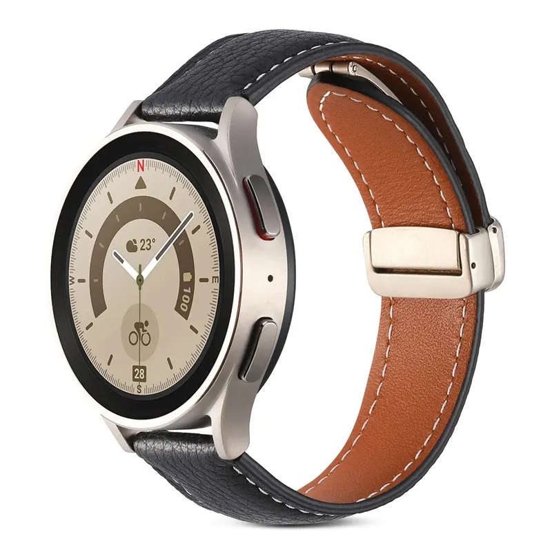 New Magnetic Folding Buckle Vintage Genuine Leather Watch Strap For Samsung Galaxy Watch 5 pro 45mm Sport bands