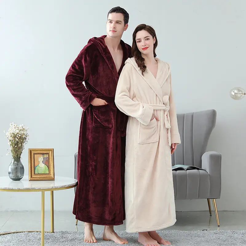 2023 Winter/Autumn Soft Coral Long Bathrobe Pajamas for Women Men Polyester Women's sleepwear