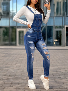 Hot selling women's <b>stretch</b> slim fit <b>denim</b> shorts with ripped shoulder straps in Europe and America - Product Image 3