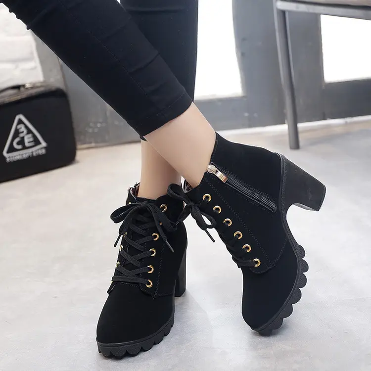 Martin thick with short boots for women with round head female boots frosted material short thick high-heeled boots