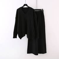 Irrégulier câble tricoté cachemire col en v pull pull pantalon ample cachemire tricots ensemble pour les femmes