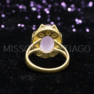 Vente en gros de bague en calcédoine rose faite à la main bijoux géométriques en laiton plaqué or 17x13mm taille ovale 5.07g de rhodium - Product Image 1