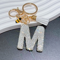 Porte-clés Bling en strass avec 26 lettres, breloque abeille et pompon, anneau porte-clés initial en cristal pour décoration de sac à main femme