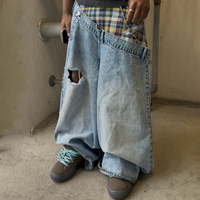 Pantalon en jean décontracté ample pour homme avec logo personnalisé, taille plus, motif quadrillé d'été, patchwork, double taille, jean délavé à l'acide