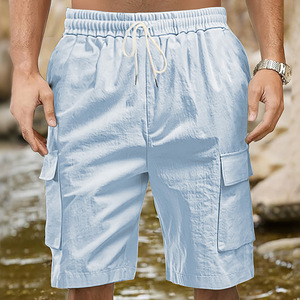 <b>Men</b> Linen Cargo <b>Shorts</b> <b>White</b> Loose Fit Multi Pocket Elastic Waist Drawstring Casual Outdoor Summer - Product Image 5