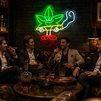 Enseigne néon LED amusante en forme de feuille verte de dessin animé, mascotte fumeuse - Décoration murale intérieure personnalisée en acrylique pour bureau, bar, club, 12V DC