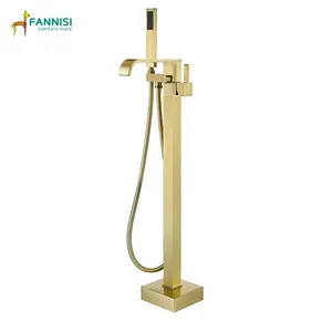 Waterfall Brass Bathtub Floor Stand Faucet Brushed Gold Mixer Taps With Hand shower Gold Bath Shower Set