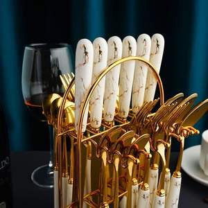 Juego de cubiertos de acero inoxidable de 24 piezas con mango de cerámica, cuchillo, tenedor, cuchara, caja de regalo, estilo nórdico para comida occidental, SS 18/0 - Product Image 3