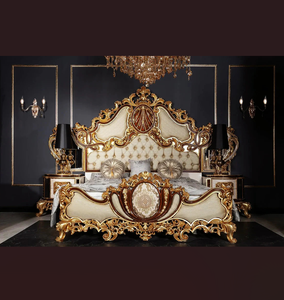 Stile antico intagliato a mano Design arte imbottito camera da <span class=keywords><strong>letto</strong></span> <span class=keywords><strong>letto</strong></span> King Size Set di mobili con <span class=keywords><strong>oro</strong></span> Vintage e testiera bianca - Product Image 1