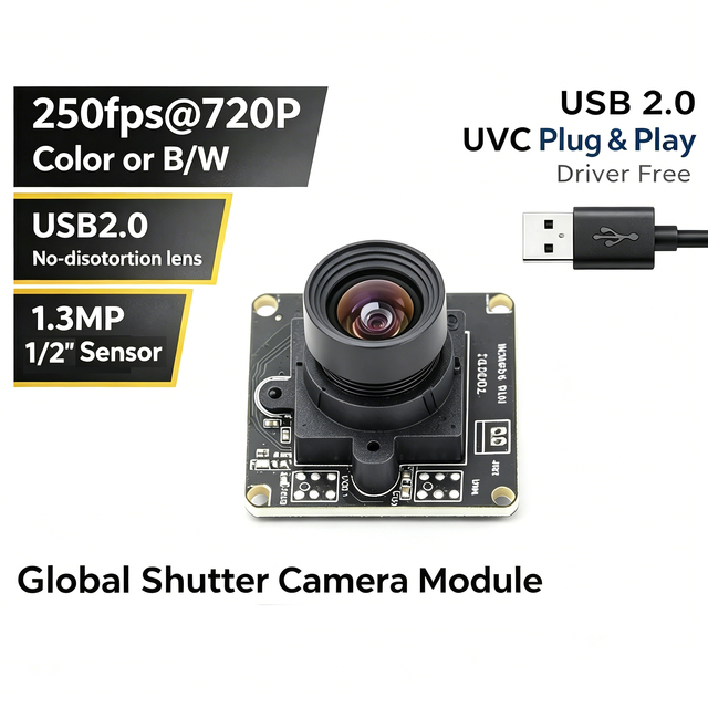 1.3MP Global Shutter USB Camera Module 720P 250fps High Speed Mono Color for Machine Vision Industrial OCR Motion Capture
