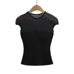 Camisetas de Manga Corta con Cuello Redondo de Encaje para Mujer, Diseño Transparente con Parches, Top Ajustado con Relleno - Product Image 5