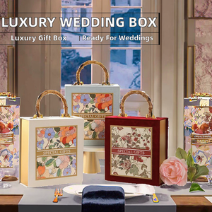 Boîte cadeau de luxe en flanelle avec poignée en bambou à motif floral vintage pour fête prénuptiale, cadeau de mariage, emballage cadeau et rangement - Product Image 2