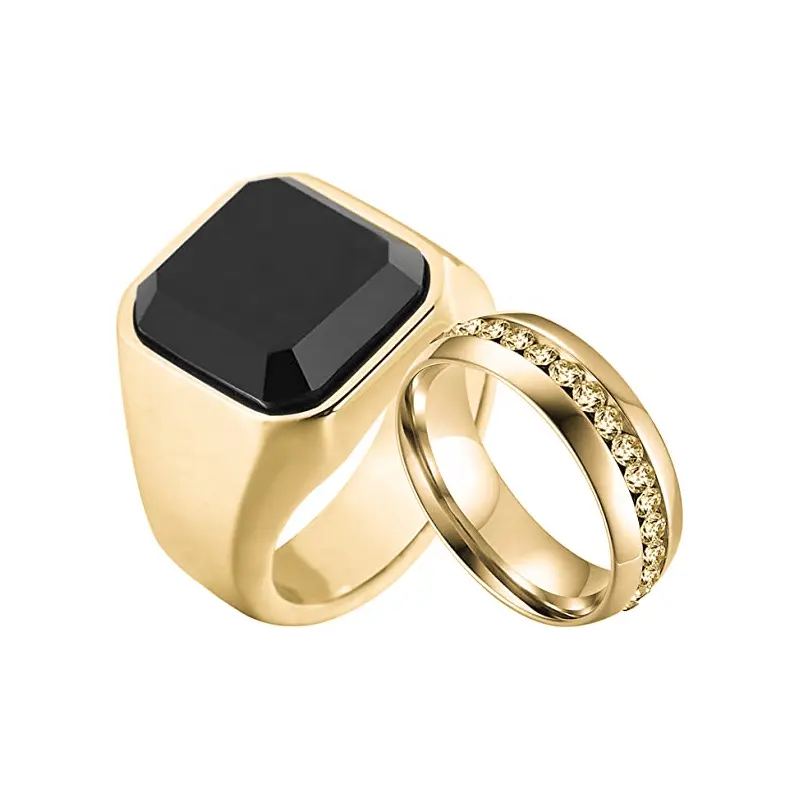 18K Gold Plated Onyx Rhinestone CZ Women Men Couple Set Engagement Jewelry Cubic Zircon Stainless Steel Band Wedding Ring
