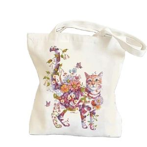 Sac fourre-tout en toile réutilisable pour femmes, imprimé chats et fleurs, idéal pour le shopping et les cadeaux quotidiens - Product Image 1