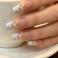 Faux ongles à presser de style français, blancs, pré-dessinés, en ABS, forme cercueil, longueur moyenne, lot de 24 embouts d'ongles