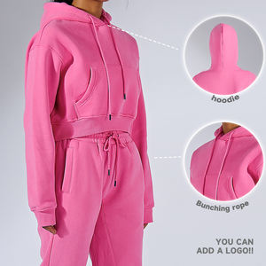 Hochwertige benutzer definierte zweiteilige übergroße Baumwolle schwere Crop Hoodies Sweat suit Jogger Anzug Trainings anzug Set für Frauen - Product Image 3