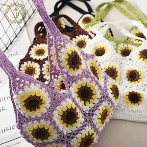 Sac tricoté à la main, fourre-tout en Crochet, motif tournesol, pour les vacances