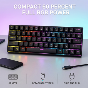 คีย์บอร์ดเกมมิ่งแบบมีสายขนาดเล็ก 61 ปุ่ม 60% ป้องกันการกดผิดพลาด ไฟ LED Backlit สวิตช์สีฟ้า ขายส่งแบบ OEM ราคาโรงงาน - Product Image 1