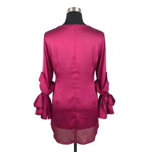 Chemisier rose en mousseline pour femme, style bureau, avec manches ballon unies, col rond, coupe ample, décontracté, orné de perles - Product Image 2