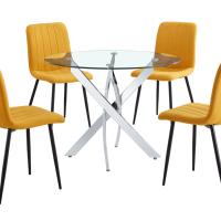 Table à manger contemporaine portable avec pieds en métal en forme de X, plateau en verre trempé, design réglable, 4 places, écologique