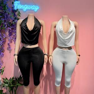 Ensemble haut dos nu et pantalon court couleur unie 2026 avec découpes sexy - Tenue deux pièces pour femme - Product Image 1