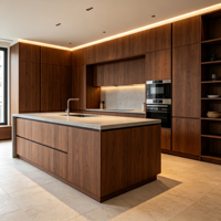Meubles de cuisine modulaires en bois de noyer moderne sur mesure avec grand îlot central pour projets de rénovation résidentielle de toute la maison