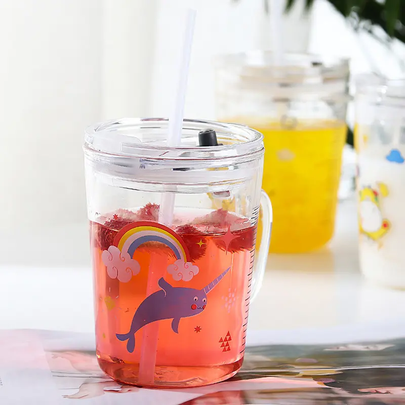 Cute cartoon 400ml clear glass water tea cup cold milk coffee mug frozen drink cups with straw and handle
