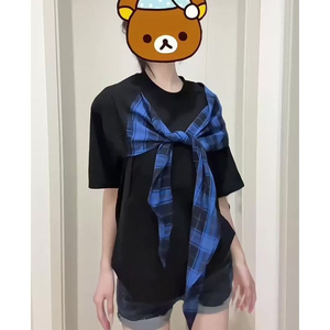 Tùy chỉnh-thực hiện lỏng cũ QIAN Hong kong-phong cách Mỹ kiểm tra Tay Ngắn Vải T-Shirt rắn bông/sợi tre khăn choàng dựa - Product Image 4